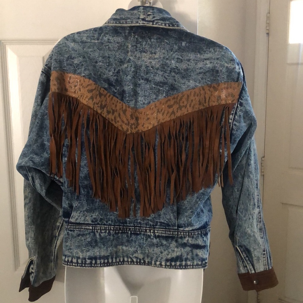 Vintage 80s/90s stone washed denim and leather snake print fringe jacket size S - Picture 3 of 17